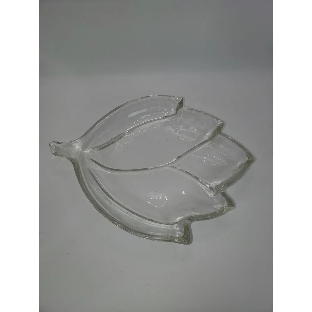 Vintage Clear Pressed Glass Leaf Divided Trinket Dish 3 Section Serving Tray 8in